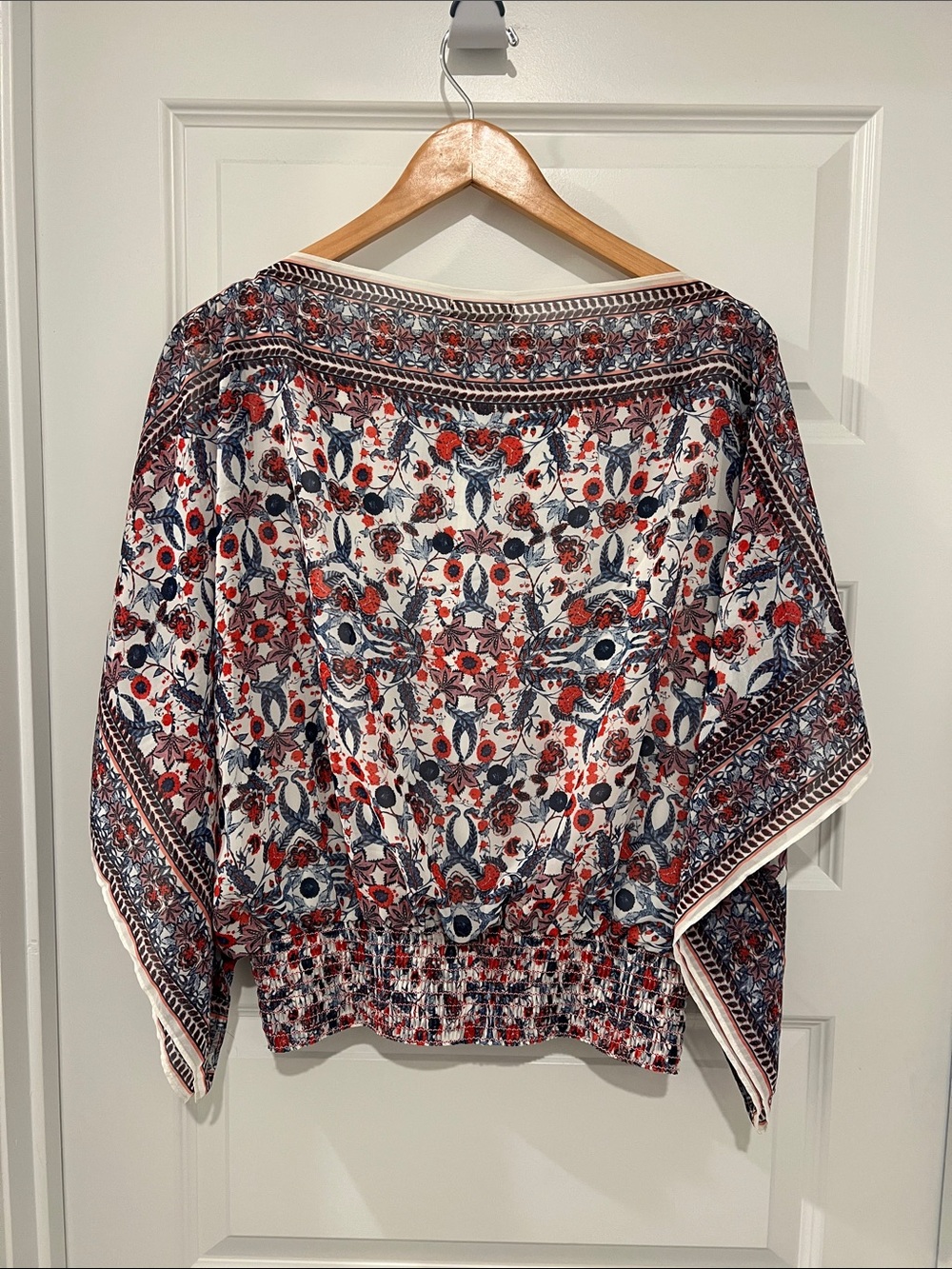 Max Studio Red White Blue Boho Floral Top Split Sleeves Smocked Two Layer Top XL - Picture 3 of 11